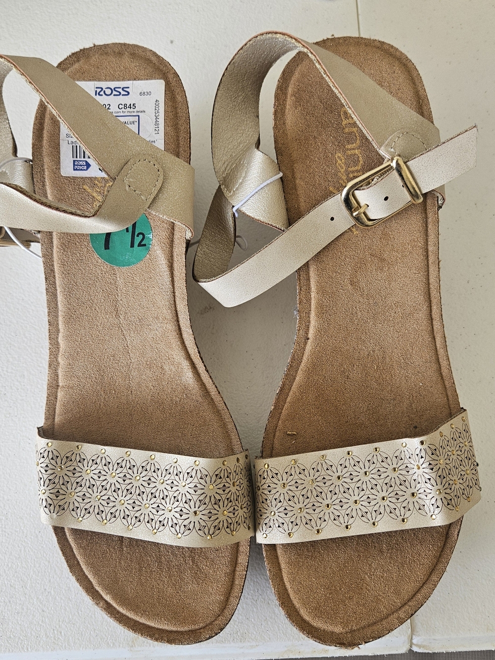 Metallic Cream Laser-Cut Ankle-Strap Sandals